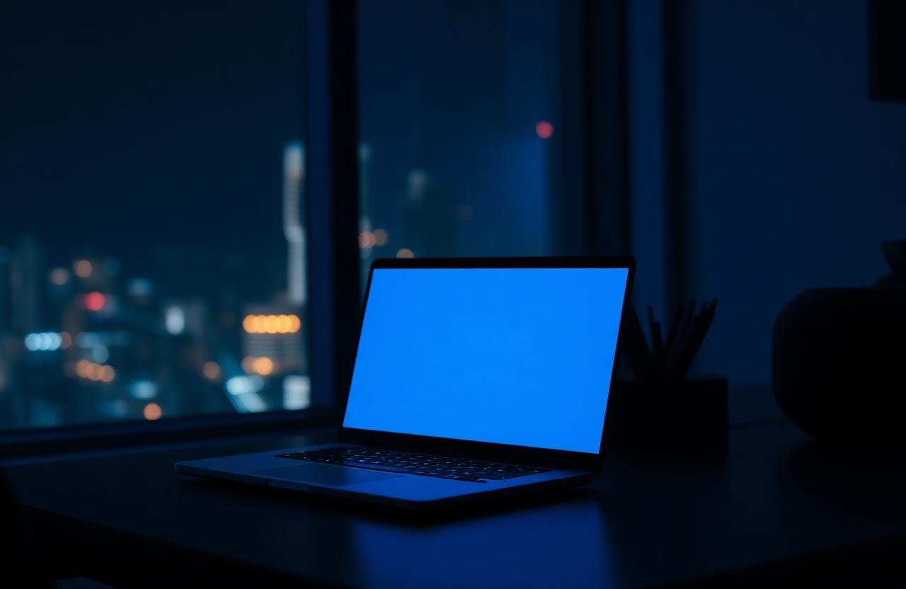 Cinematic neon-blue lit workspace at night with glowing laptop screen.