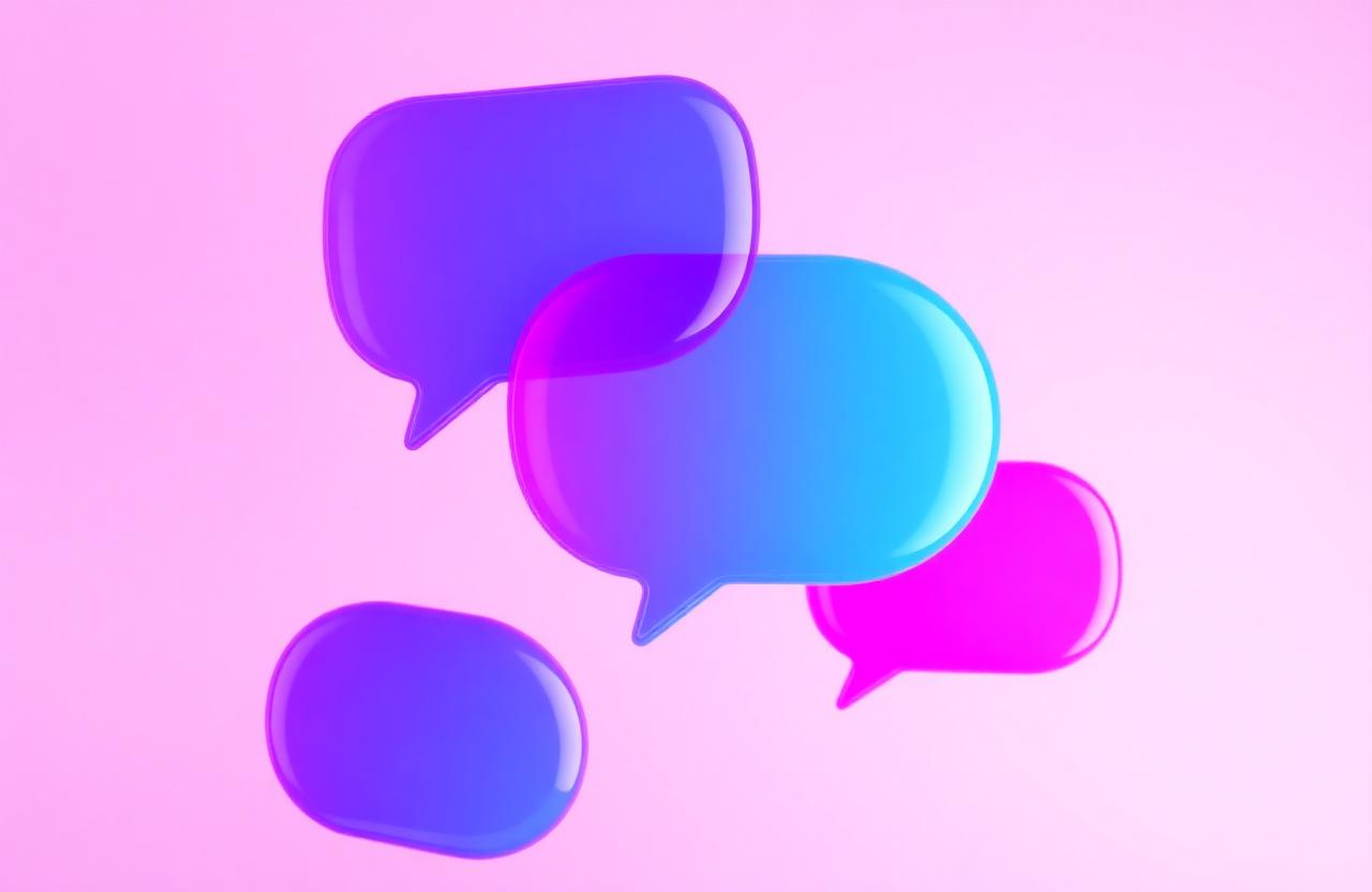 Glowing magenta and pink neon chat bubbles floating in a dark moody atmosphere.
