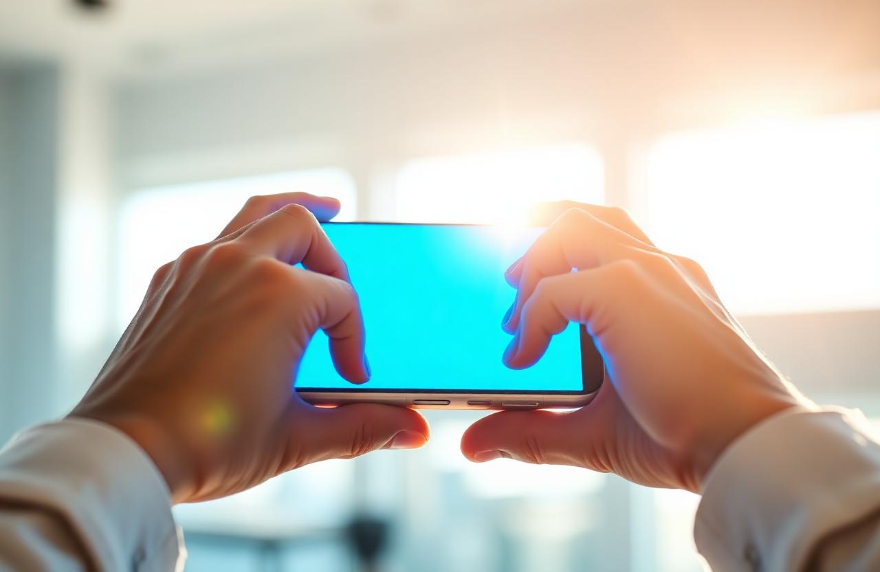 Hands holding a smartphone glowing with neon blue UI light in the dark.