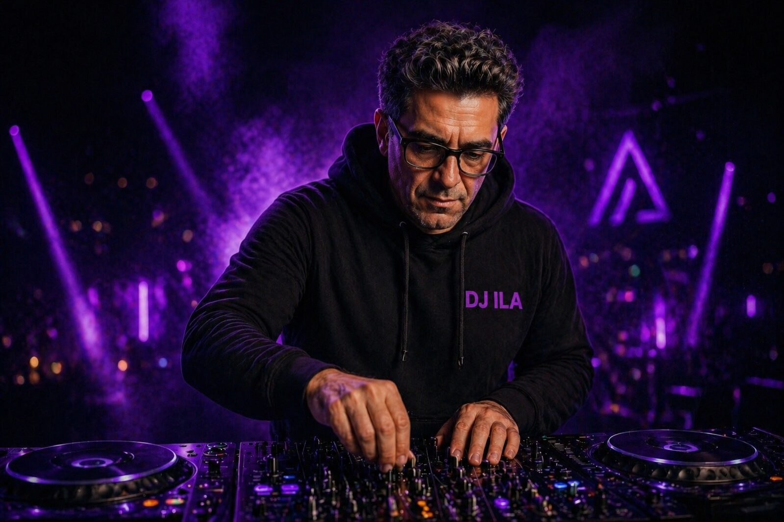 Silhouetted DJ at a booth under purple and electric blue stage lights with glowing soundwaves.
