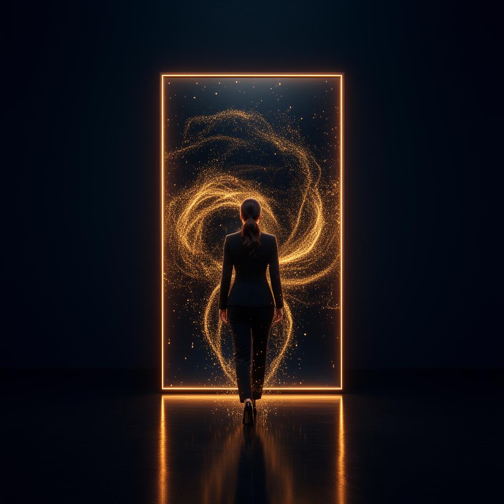 A woman walks toward a tall glowing ember-lit portal, particles swirling inside it — the moment of capture beginning.
