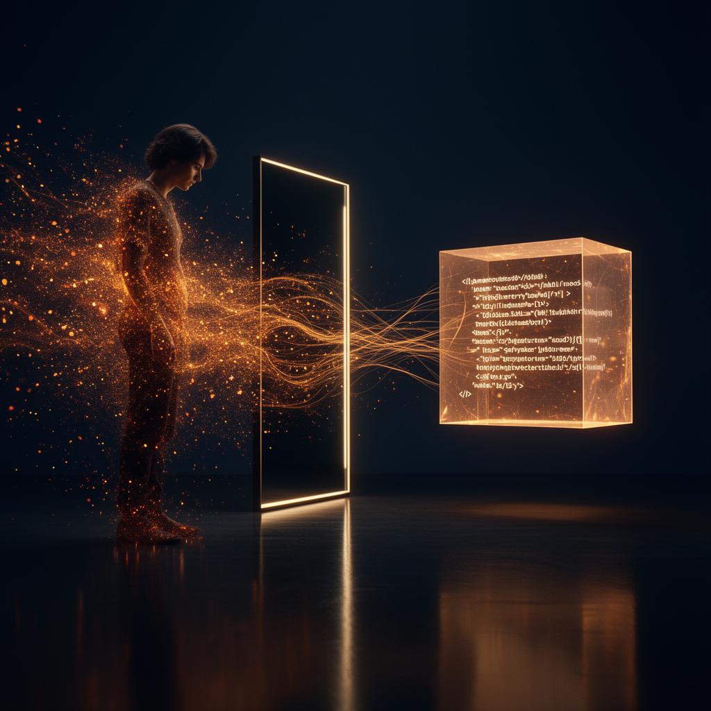 A person dissolves into streams of ember-orange particles flowing into a luminous translucent cube etched with glowing JSON code.
