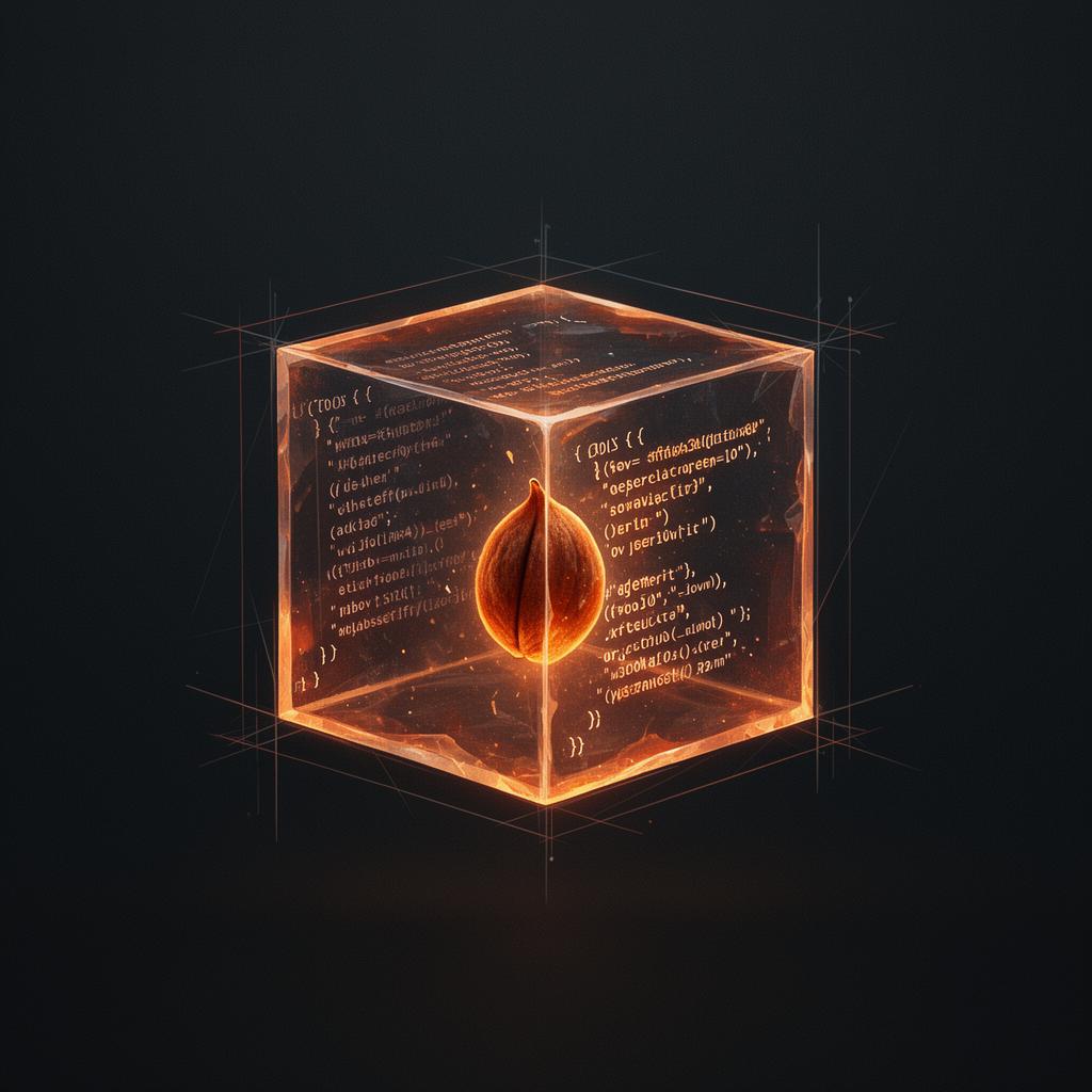 A glowing translucent cube etched with JSON-like code, lit from within by ember-orange light.