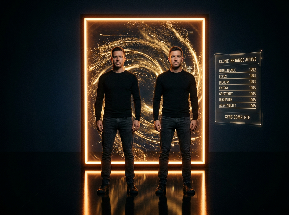 A man stands beside his fully synced clone in front of a glowing ember portal, with a CLONE INSTANCE ACTIVE stats panel showing all attributes at 100%.