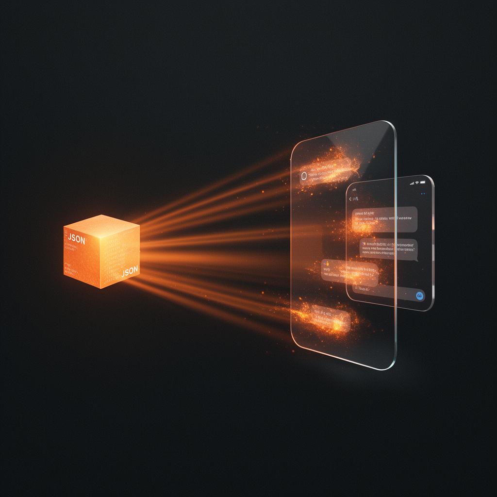 An ember-lit JSON cube projecting beams of light onto floating glass AI chat surfaces.