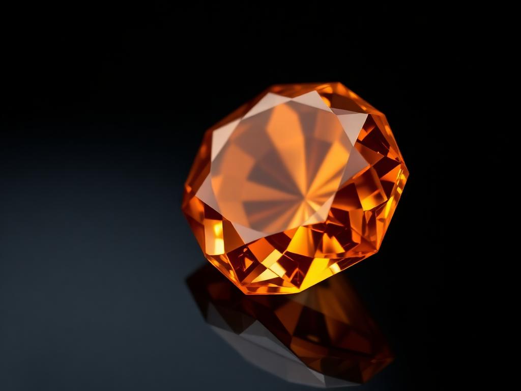 A polished, faceted ember-orange gemstone glowing from within, resting on a dark reflective surface.